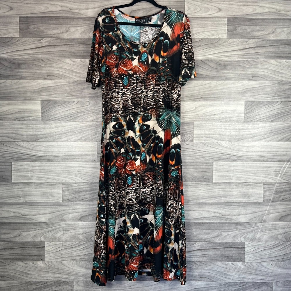Attitudes Jersey Maxi Dress Womens L Petite Multicolor Butterfly Y2K Alternative